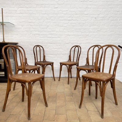 Set of 6 bistro chairs in wood and cane from the 1930s