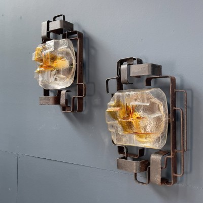 Pair of brutalist metal and glass wall lights