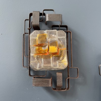 Pair of brutalist metal and glass wall lights