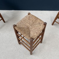 Set of 3 wooden and straw stools 1950
