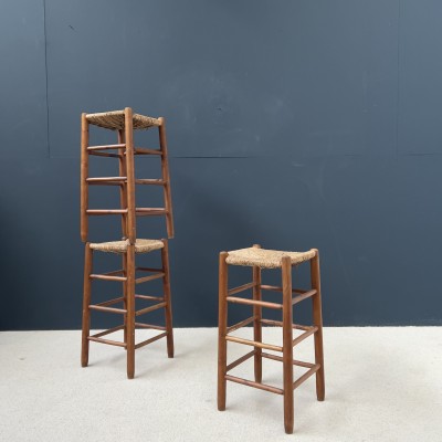 Set of 3 wooden and straw stools 1950