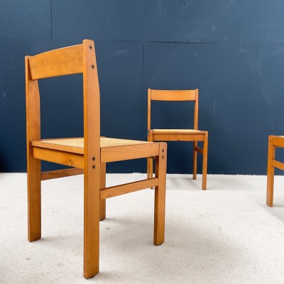 Ensemble de 4 chaises vintage en frêne et cannage 1950