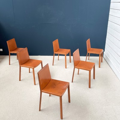 Ensemble de 6 chaises design en cuir cognac 1970