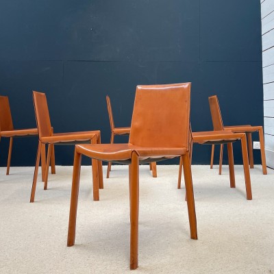 Set of 6 design chairs in cognac leather 1970