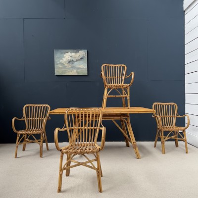 Set of 4 vintage rattan and bamboo table chairs