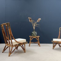 Set of bamboo and rattan armchairs and stools 1970