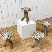 Set of 4 concrete and mosaic garden stools 1950
