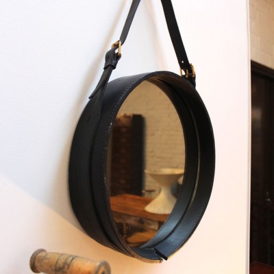 Leather circular mirror 1950 by Jacques Adnet