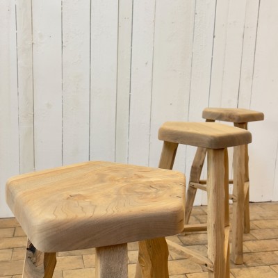 Set of 4 brutalist elm stools, 1970s