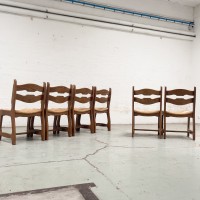 Ensemble de 6 chaises brutaliste en chêne et paille 1950