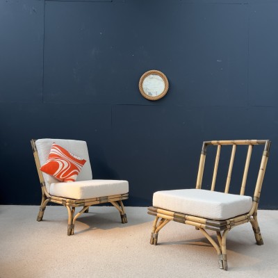 Pair of bamboo rattan and cooper armchairs MAISON et JARDIN  Paris 1950