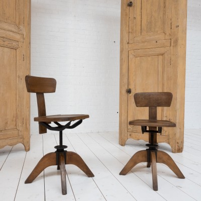 Pair of wooden workshop chairs, 1930