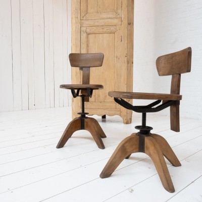 Pair of wooden workshop chairs, 1930