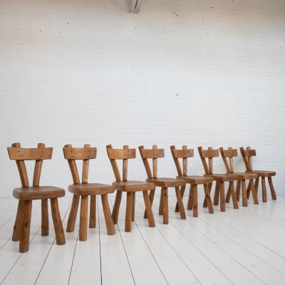 Set of 8 wooden Brutalist chairs, 1960