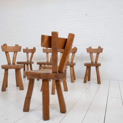 Ensemble de 8 chaises brutaliste en bois, 1960