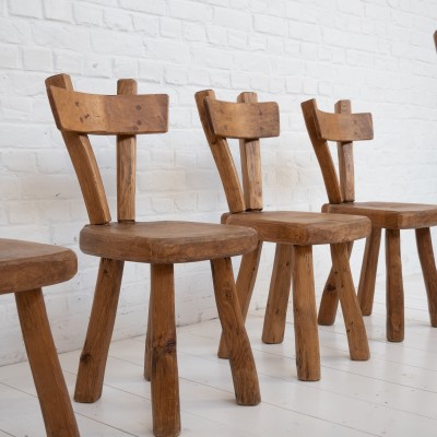 Ensemble de 8 chaises brutaliste en bois, 1960