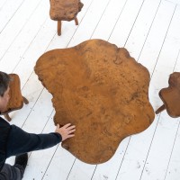 Brutalist elm coffee table and 3 stools