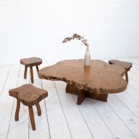 Brutalist elm coffee table and 3 stools