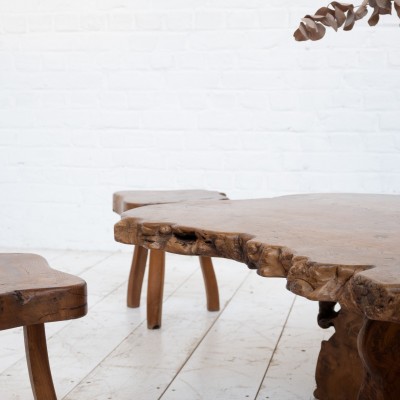 Brutalist elm coffee table and 3 stools