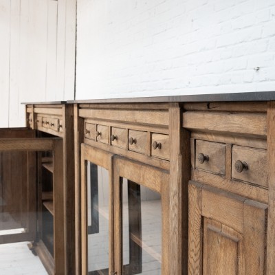 Pair of oak and bluestone display cabinets, early 20th century