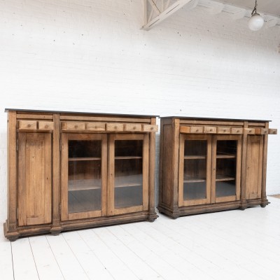 Pair of oak and bluestone display cabinets, early 20th century