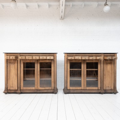 Pair of oak and bluestone display cabinets, early 20th century