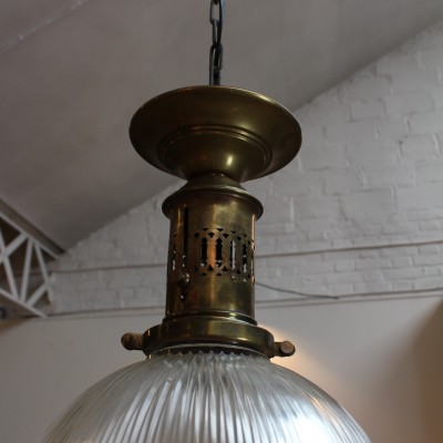 Pair of Holophane glass and brass suspensions