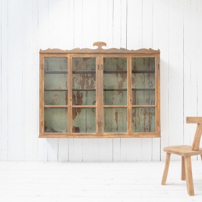 Antique Wall Display Cabinet with 4 Doors and Decorated Pediment – Late 19th Century,