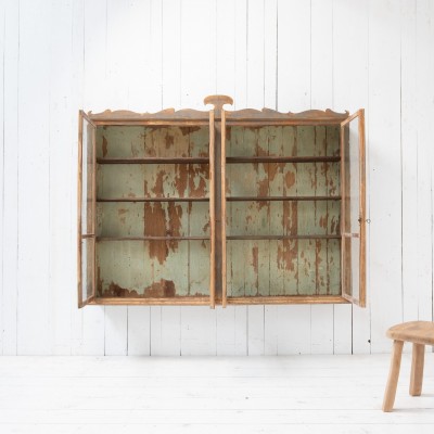 Antique Wall Display Cabinet with 4 Doors and Decorated Pediment – Late 19th Century,