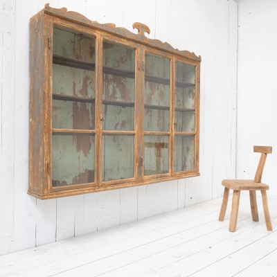 Antique Wall Display Cabinet with 4 Doors and Decorated Pediment – Late 19th Century,