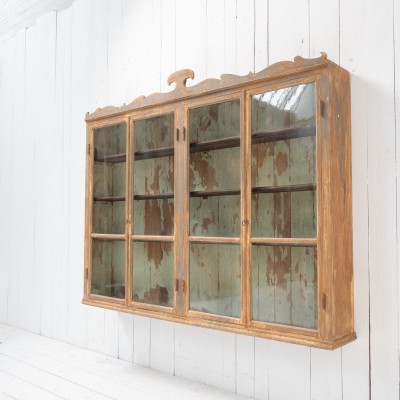 Antique Wall Display Cabinet with 4 Doors and Decorated Pediment – Late 19th Century,