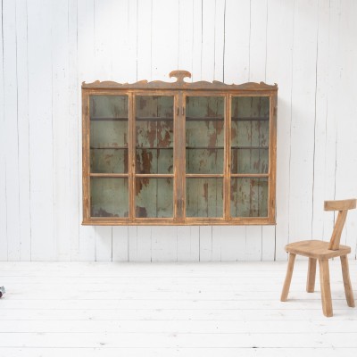 Antique Wall Display Cabinet with 4 Doors and Decorated Pediment – Late 19th Century,