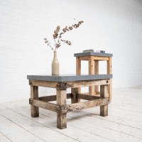 Set of primitive consoles in wood and blue stone