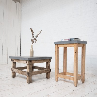 Set of primitive consoles in wood and blue stone