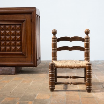 Brutalist Beech and Straw Chair – In the Style of Charles Dudouyt, 20th Century