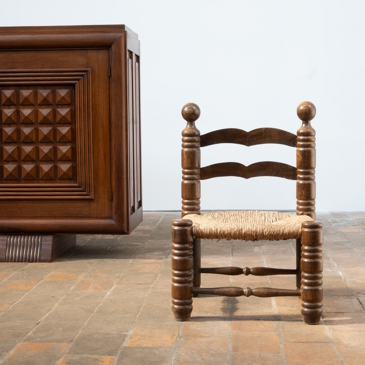 Brutalist Beech and Straw Chair – In the Style of Charles Dudouyt, 20th Century