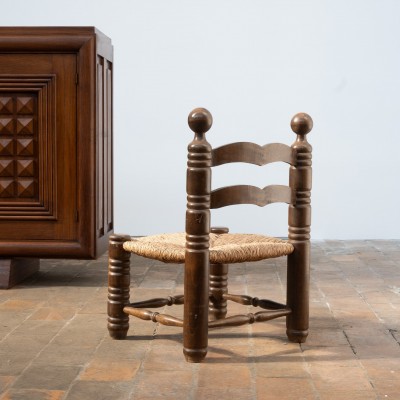 Brutalist Beech and Straw Chair – In the Style of Charles Dudouyt, 20th Century