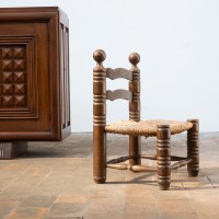 Brutalist Beech and Straw Chair – In the Style of Charles Dudouyt, 20th Century
