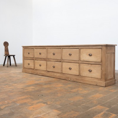 Large Workshop Cabinet in Antique Wood with 10 Drawers