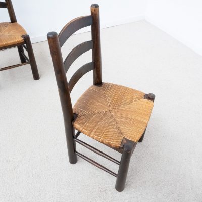 Ensemble de 6 chaises en bois et paille style G. ROBERT vers 1950