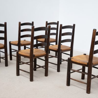 Ensemble de 6 chaises en bois et paille style G. ROBERT vers 1950