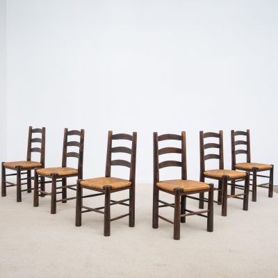 Ensemble de 6 chaises en bois et paille style G. ROBERT vers 1950