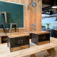 Pair of industrial metal and wood bedside tables