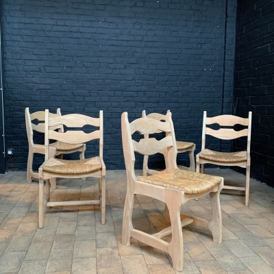 Série de 10 chaises design vintage bois et paille 1960