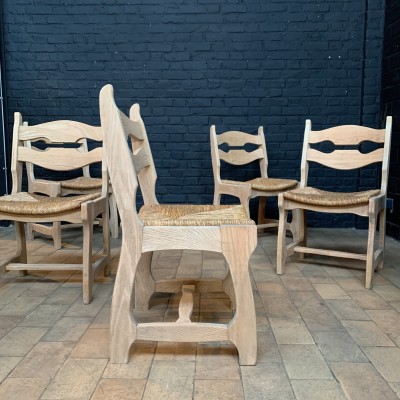 Série de 10 chaises design vintage bois et paille 1960