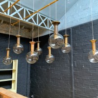 Series of 8 vintage copper and glass pendant lights