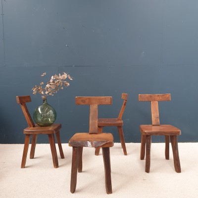 Set of 4 brutalist  " T "  chairs in elm