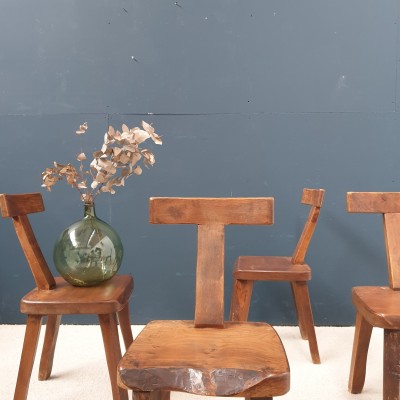 Set of 4 brutalist  " T "  chairs in elm